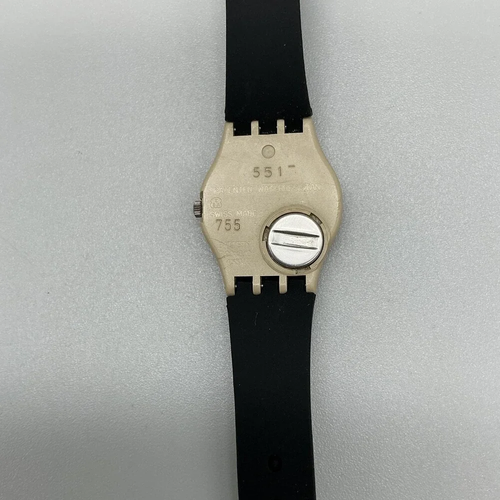 Vintage Swatch BG/BC Womens Watch 25mm Gold Tone Leopard Dial Black Band LT102